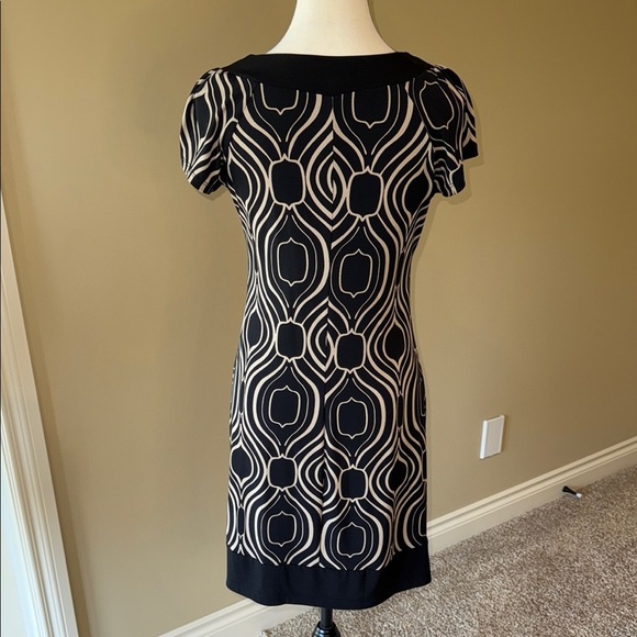 Sweet Storm Black Cream Sheath Midi Dress Scoop Keyhole Neck Short Sleeve Women - Picture 3 of 10